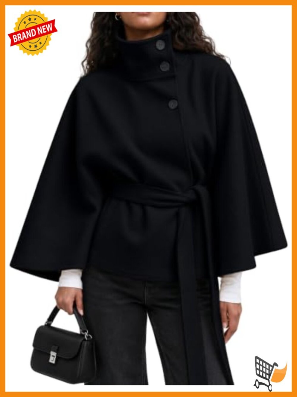 Wool Blend Batwing Sleeve Poncho Cape Coat Belted Button Winter